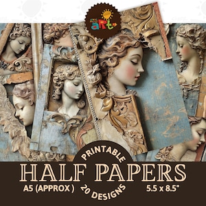 Angelo intagliato ritratto ornamentale diario spazzatura mezza pagina stampabile album di ritagli effimero kit digitale libro sfondo artigianato carta ATC decoupage