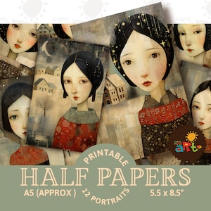 Portrait d'une scène d'hiver d'une fille unique, collage imprimable du journal indésirable, demi-papiers, page de scrapbooking, cartes, travaux manuels, livres d'art, fantaisiste, folklorique