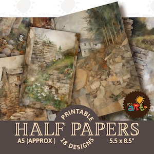 Paesaggio roccioso rurale stampabile Junk Journal Half Paper, risorsa per album, kit di carta digitale, biglietto, artigianato, collage di libri