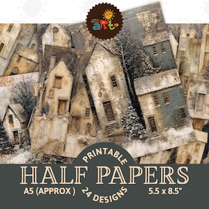 May include: A selection of printable half papers showcasing a vintage village scene. The papers depict aged buildings in muted tones of beige, grey, and brown. The papers are approximately 14 x 21.6 cm in size, with 24 designs.