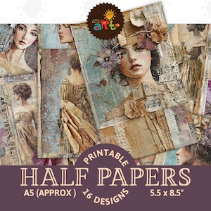 Shabby Collage mit Lady Portrait Ephemera Junk Journal Halbes Papier druckbarer Hintergrund Scrapbook Craft Card Decoupage Buch Seite Digital