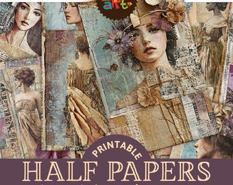 May include: Printable digital paper pack with 16 designs featuring vintage style illustrations of women with floral accents and a collage aesthetic. The papers are A5 size (approximately 5.5 x 8.5 inches).