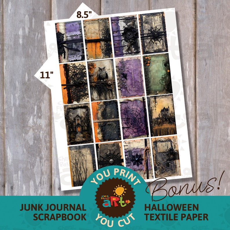 May include: A printable sheet of 16 Halloween themed scrapbook paper with images of owls, spiderwebs, houses, and other spooky elements. The paper measures 8.5 inches by 11 inches.  You Print You Cut Art.