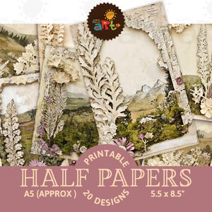 Paysage avec collage, cadre floral, page de journal indésirable imprimable, bordure artistique, demi-papier, album numérique, création artistique, technique mixte, carte, étiquette de découpage