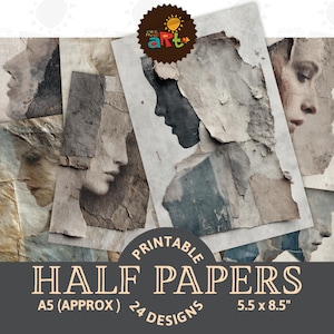 Könnte beinhalten: Eine Sammlung von druckbaren Halbseitenpapieren mit 24 Designs, die zerrissene Papiertexturen und Silhouetten von menschlichen Gesichtern in gedämpften Grau-, Beige- und Blautönen zeigen. Der Text lautet Printable Half Papers A5 24 Designs.