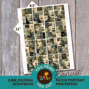 May include: A digital collage sheet measuring 8.5 by 11 inches, featuring a grid of rectangular portrait segments. Each segment displays a human face blended with vintage-style floral patterns, script text, and textured blue and green tones.
