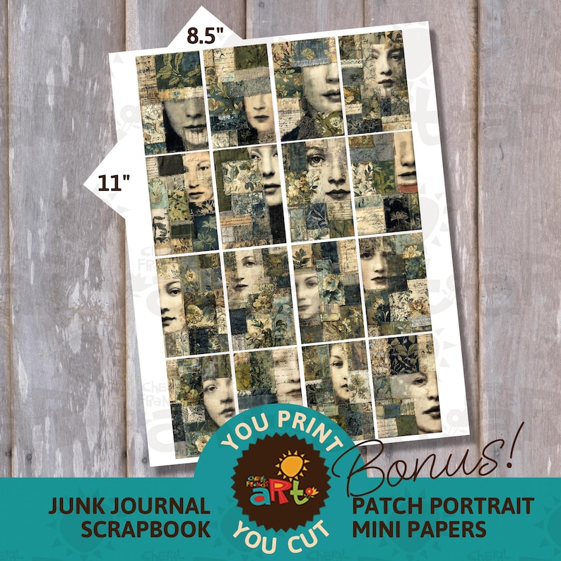 May include: A digital collage sheet measuring 8.5 by 11 inches, featuring a grid of rectangular portrait segments. Each segment displays a human face blended with vintage-style floral patterns, script text, and textured blue and green tones.