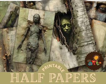 Zombie Scraps and Background Collage Printable Junk Journal Half Papers, Scrapbook Resource, Digital Paper Kit, Halloween Cards, Book Page