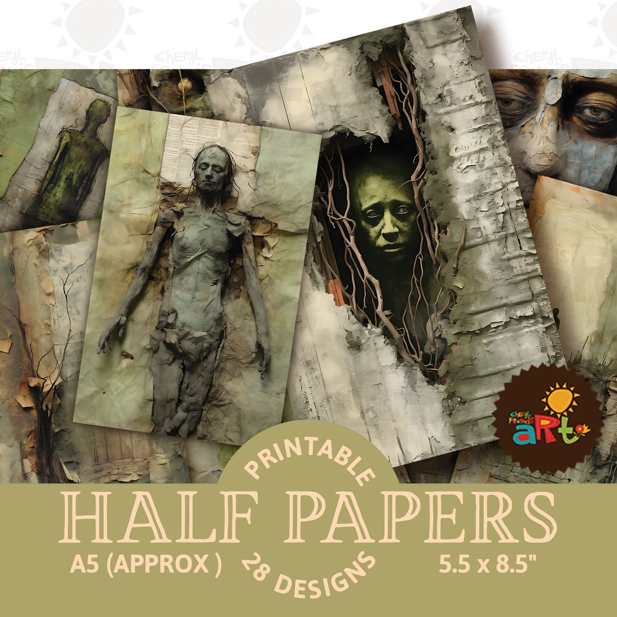 Zombie Scraps and Background Collage Printable Junk Journal Half Papers, Scrapbook Resource, Digital Paper Kit, Halloween Cards, Book Page
