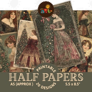 Junge Dame mit Weihnachtsbaum Art Paper Urlaub druckbare Collage Junk Journal halbe Papiere Scrapbook Digital Paper Kit Card Buch Hintergrund