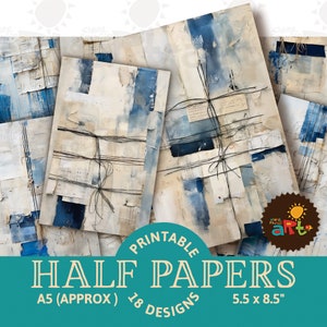 Blauwe en witte scrapbooking collage afdrukbare junk journal half papers, plakboekhulpmiddel, digitale papierkit, kaarten, knutselen en boeken