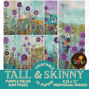 Felder der wunderlichen lila Blumen Druckbare hohe schmale Junk Journal Papiere für die Buchherstellung, das Basteln und das Scrapbooking. Digitales Papier Kit