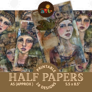 Junk Journal Donna con cappello Ritratto Tecnica mista Collage Stampabile Mezza carta Scrapbook Kit digitale Pagina del libro Sfondo Decoupage Artigianato Arte