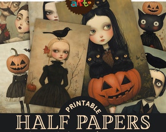 Halloween Surreal Illustrated Portraits Paper Printable Junk Journal Half Papers, Scrapbook Digital Page Kit Card Book Background Decoupage