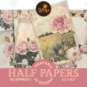 Randkunst met grote roze bloem Leeg gebied Afdrukbaar rommeljournaal Half papier Plakboek Bron Achtergrond Digitale kaarten Knutselen en boeken