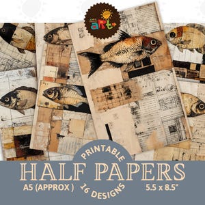 Kit digital de collage de efímeras de peces rústicos, diario basura, medio papel, fondo imprimible, álbum de recortes, manualidades, tarjetas, decoupage, diseño de página de libro