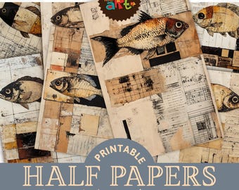 May include: Printable digital paper pack with 16 designs featuring collage style images of fish on a textured background. The papers are A5 size (approximately 5.5 x 8.5 inches).