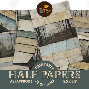 Strisce strappate rovinate con collage di alberi stampabili, diario spazzatura, sfondo di mezza carta, album di ritagli, artigianato, etichette per biglietti con tecniche miste, libro di decoupage