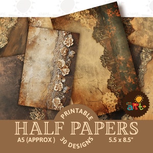 Junk Journal Halbes Papier, Vintage Spitze mit Grungy Golden Braun druckbares Collage Papier, Sammelalbum, Digital Kit, Karten, Buch, Hintergrund