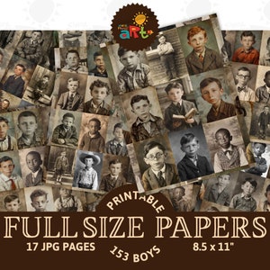 Vintage Portraits de garçons Journal indésirable imprimable Papiers coupés délicats 153 Images de taille ATC Scrapbooking Card Book Page Collage