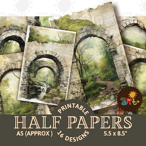 Romantyczny kamienny łuk kolaż fantasy do druku dziennik śmieci pół papieru, album, cyfrowy zestaw papieru, karta, książka, rzemiosło, decoupage, biżuteria