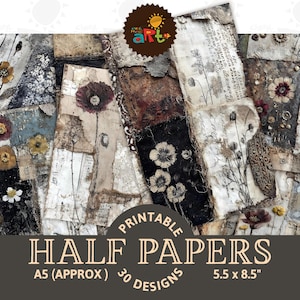 Könnte beinhalten: Eine Collage aus druckbaren HalbPapieren im Vintage-Stil mit floralen und botanischen Designs. Die Papiere weisen eine Mischung aus Texturen auf, darunter Stoff und gealtertes Papier, mit dem Text "PRINTABLE HALF PAPERS A5 (APPROX) 30 DESIGNS 5.5 x 8.5".