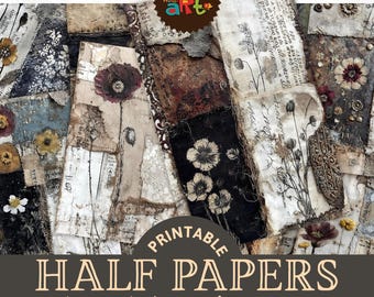 Grunge Floral and Textile Collage Printable Junk Journal Half Paper Ephemera Scrapbook Kit Book Page Background Decoupage Craft