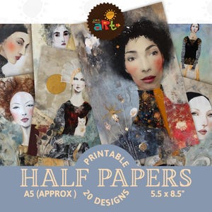 Ritratto artistico di una donna eccentrica, collage di ritratti, stampabile, pagina di diario spazzatura, mezza carta, album di ritagli digitale, artigianato, carta tecnica mista, decoupage