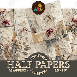 Può includere: Una collezione di mezze carte stampabili con un design strutturato e astratto. Le carte presentano una palette di colori neutri con toni beige, marrone e grigio, accentuati da rametti di bacche rosse e fiori secchi. Ogni foglio misura circa 14 x 21,6 cm.