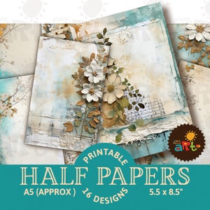 16 hermosas flores en collage de papel verde azulado para imprimir en papel para diario basura, álbum de recortes, kit de papel digital para tarjetas, página para escribir, diseño de libros