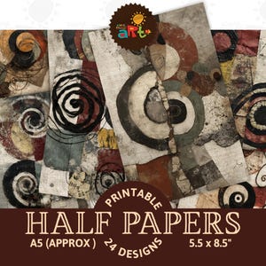 Pode incluir: Papéis de meia folha imprimíveis com designs abstratos. Os papéis apresentam uma variedade de cores, incluindo vermelho, preto, branco e cinza. Os papéis medem aproximadamente 14 x 21,6 cm e incluem 24 designs. A imagem também inclui o texto "Printable Half Papers".