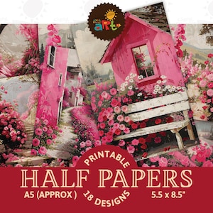 Espaces extérieurs avec un journal à thème floral rose, demi-papier, arrière-plan imprimable Scrapbooking, création de cartes, page de livre de découpage, usage commercial