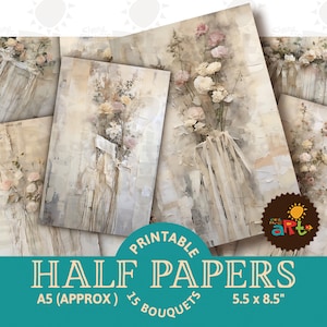 Bukiet kwiatowy z wstążkami Scrap Printable Junk Journal Half Papers, dekoracyjny kwiatowy i tekstylny album, karta, rękodzieło, zmieniona książka