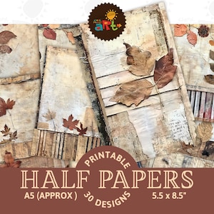 Könnte beinhalten: Druckbarer digitaler Papier-Pack mit 30 Designs, die eine Collage aus braunem und weißem strukturiertem Papier mit getrockneten Blättern und einem Vintage-Look zeigen. Die Papiere sind im Format A5 (ca. 14 x 21,5 cm).