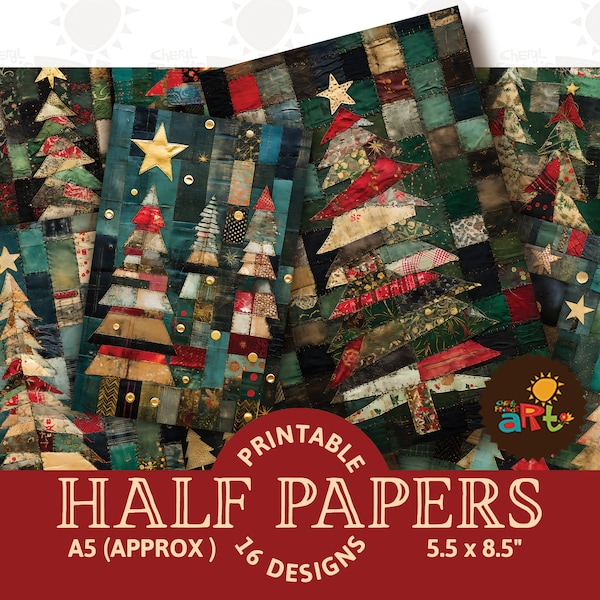 Christmas Tree Patchwork Collage Printable Junk Journal Half Papers, Scrapbook Resource, Digital Paper Kit, Cards, Craft and Book Supply