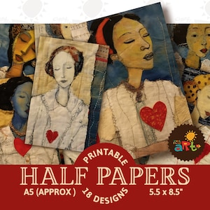 Junk Journal Half Papers, Stitched Textile Lady Heart Printable Collage, Organico, Scrapbook, Kit di effimeri digitali, Biglietti, Pagine di libri, Gioielli