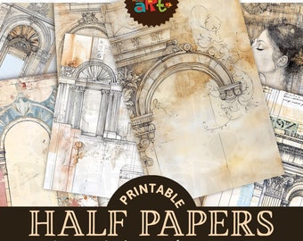 May include: A collection of printable half papers featuring architectural sketches and artistic drawings. The papers are A5 size, approximately 5.5 x 8.5 inches, with 30 designs. The papers have a vintage, aged appearance with sepia tones and detailed line art.