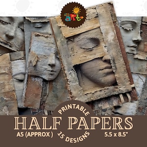 Pezzi di facce assemblati fratturati, diario di scarto, stampabile, mezza carta, album di ritagli, biglietti digitali, libro di artigianato, pagina, gioielli, decoupage, effimeri