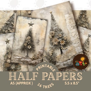 Arbres de Noël Fibres artistiques, couleurs minimales, textiles mélangés, collage papier, journal indésirable imprimable, demi-papiers, scrapbooking, page de livre, carte de voeux