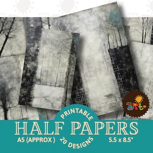 Stille Winter Schneefall Bemalte Bäume Collage Printable Junk Journal Halbe Papiere, Scrapbook Ressource, Digitales Papier Kit, Florale Karten, Buch