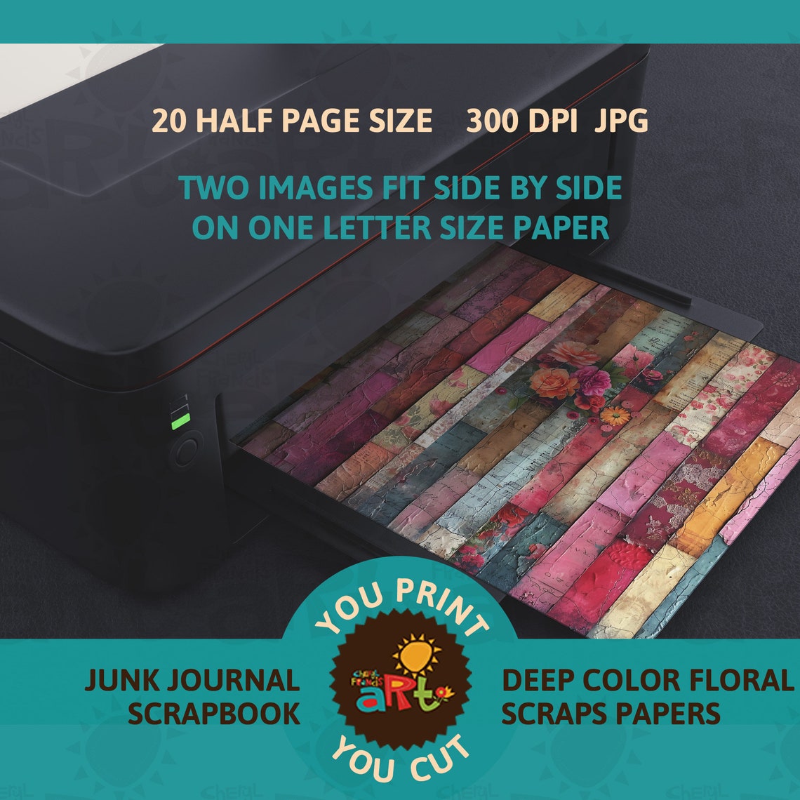 Color Background Journal Printable Junk Journal Half Papers, Deep Colors Vertical Floral Collage ...