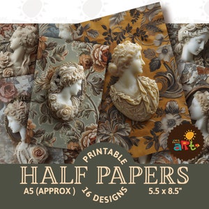 Stilisierte klassische Kamee Porträt Frau Printable Junk Journal Hälfte Papiere, Sammelalbum, Digital Kit, Karten, Handwerk, Buch, Blumenhintergrund