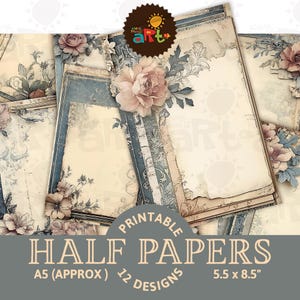 Blauwe rand collage lege ruimte met bloemen afdrukbare ongewenste dagboek half papier plakboek decoupagekaarten knutselboek gemengde media achtergrond