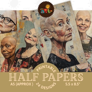 Belles femmes sans cheveux Portrait Journal indésirable Moitié papier Fond imprimable Scrapbooking Kit numérique Cartes Livre Texture Bijoux Art