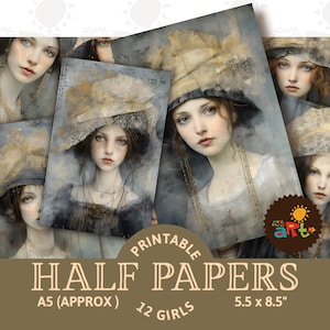 Delicate kanten hoed dame portret collage afdrukbare ongewenste dagboek half papers, plakboekpagina, voor kaarten, knutselen en boeken maken, digitaal aanbod
