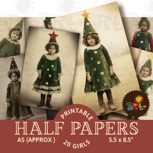 Collage di costumi dell'albero di Natale / Fussy Cut, carta per diario spazzatura stampabile, risorse per album, kit di carta digitale, biglietti floreali, bambola