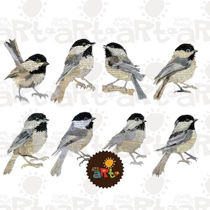 May include: A collection of eight bird illustrations with black caps, gray wings, and bodies made from book pages. The birds are in various poses, some perched and others standing. A logo with the text "off the art" is in the lower right corner.