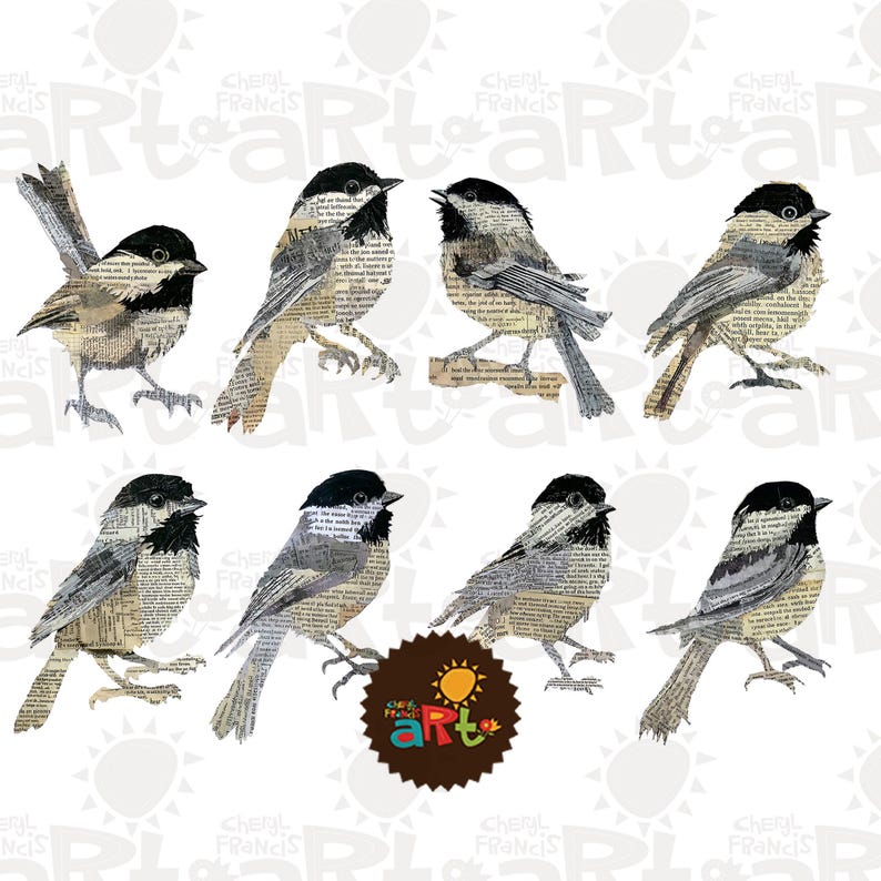 May include: A collection of eight bird illustrations with black caps, gray wings, and bodies made from book pages. The birds are in various poses, some perched and others standing. A logo with the text "off the art" is in the lower right corner.