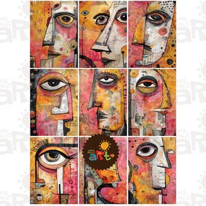 Pu&ograve; includere: Nove volti astratti in un collage, ognuno con un'espressione unica e dipinto in tonalit&agrave; di giallo, arancione, rosso e rosa.