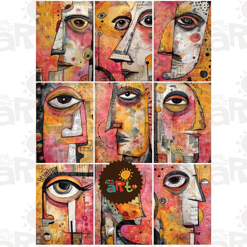 Pu&ograve; includere: Nove volti astratti in un collage, ognuno con un'espressione unica e dipinto in tonalit&agrave; di giallo, arancione, rosso e rosa.